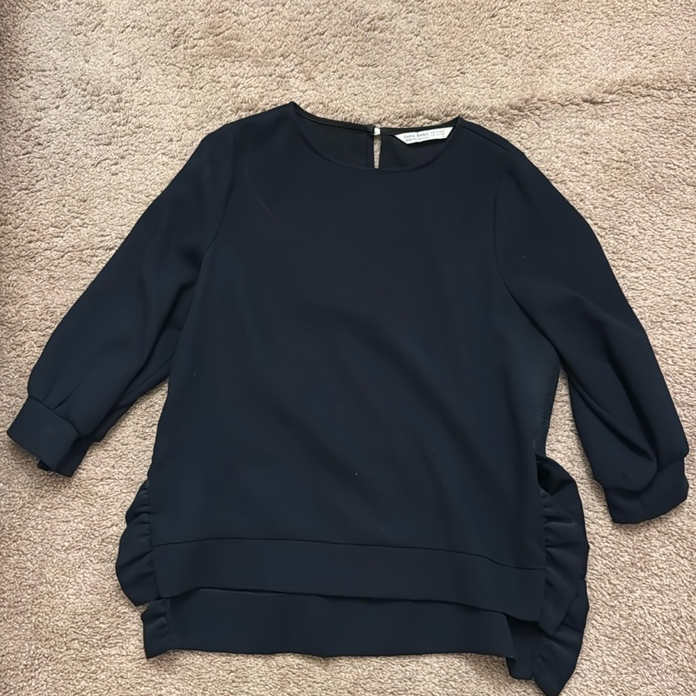 Zara Navy Blue Ruffle Side Blouse